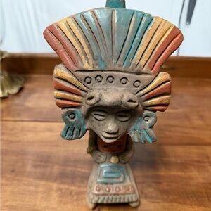 Vintage Aztec Mayan Terracotta Clay Working Flute Kneeling Aztec Deity